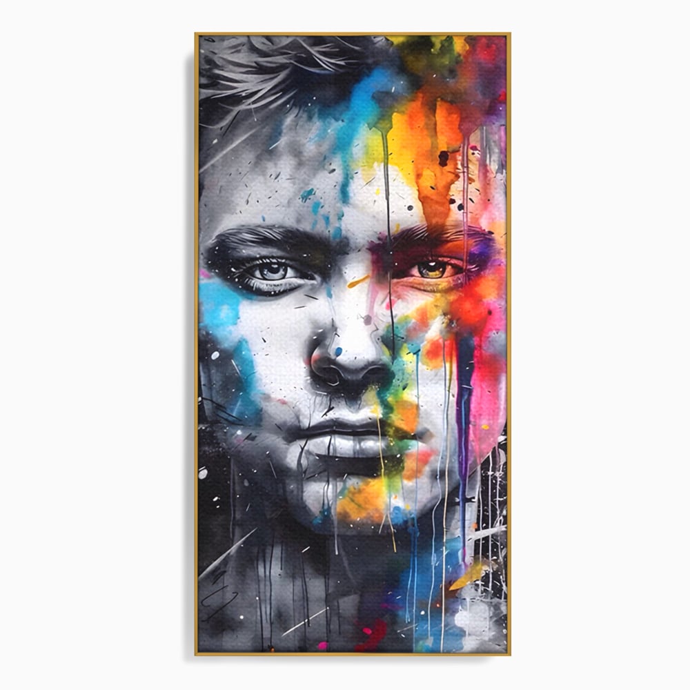 Tablou canvas cu tablou canvas portret barbat cu pete de culoare, in rama de aluminiu auriu